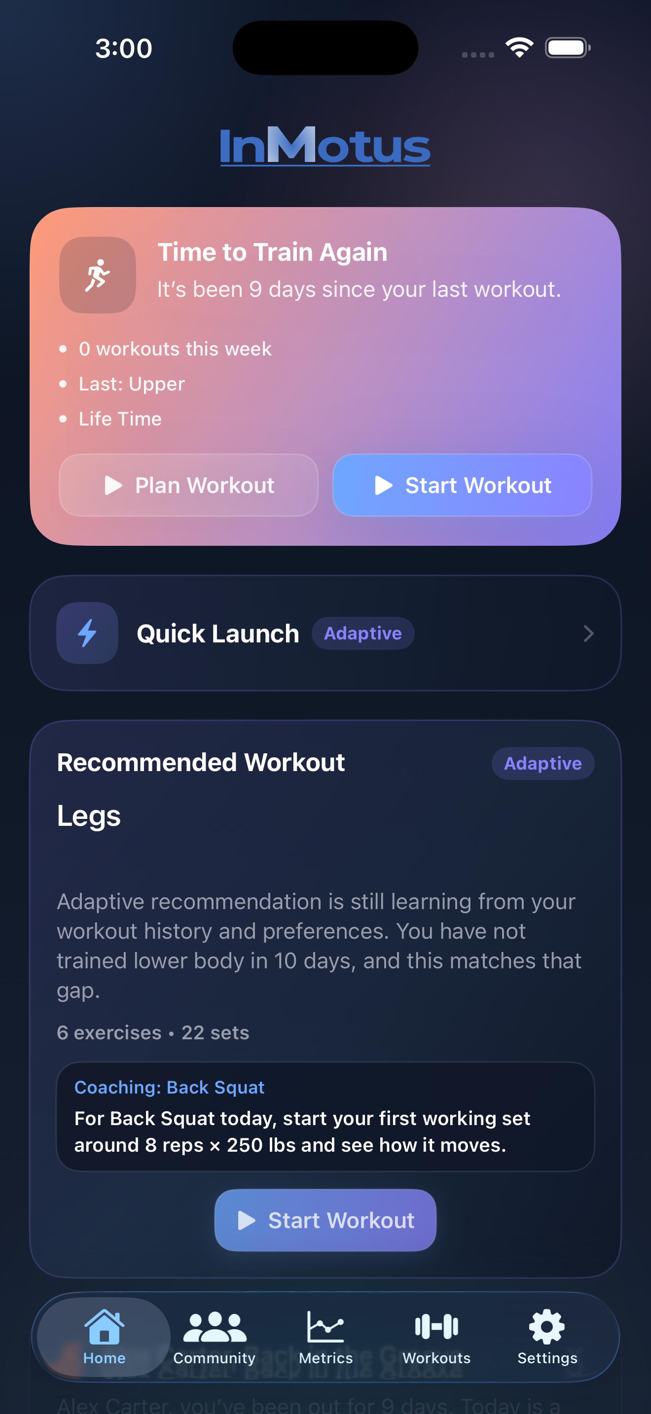 InMotus home screen showing recommendation and Quick Launch