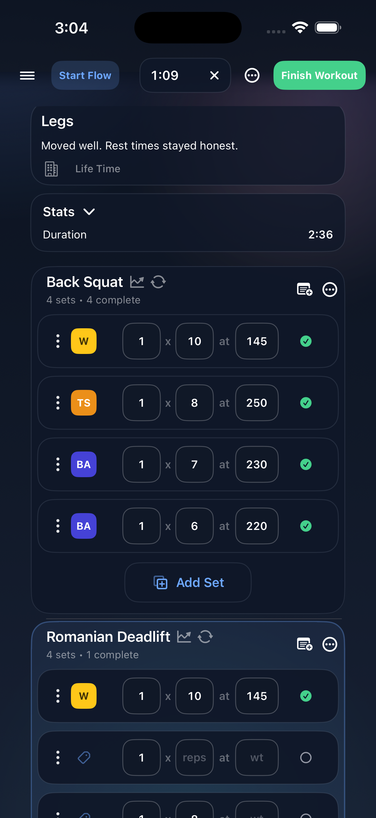 InMotus active workout screen showing structured set logging
