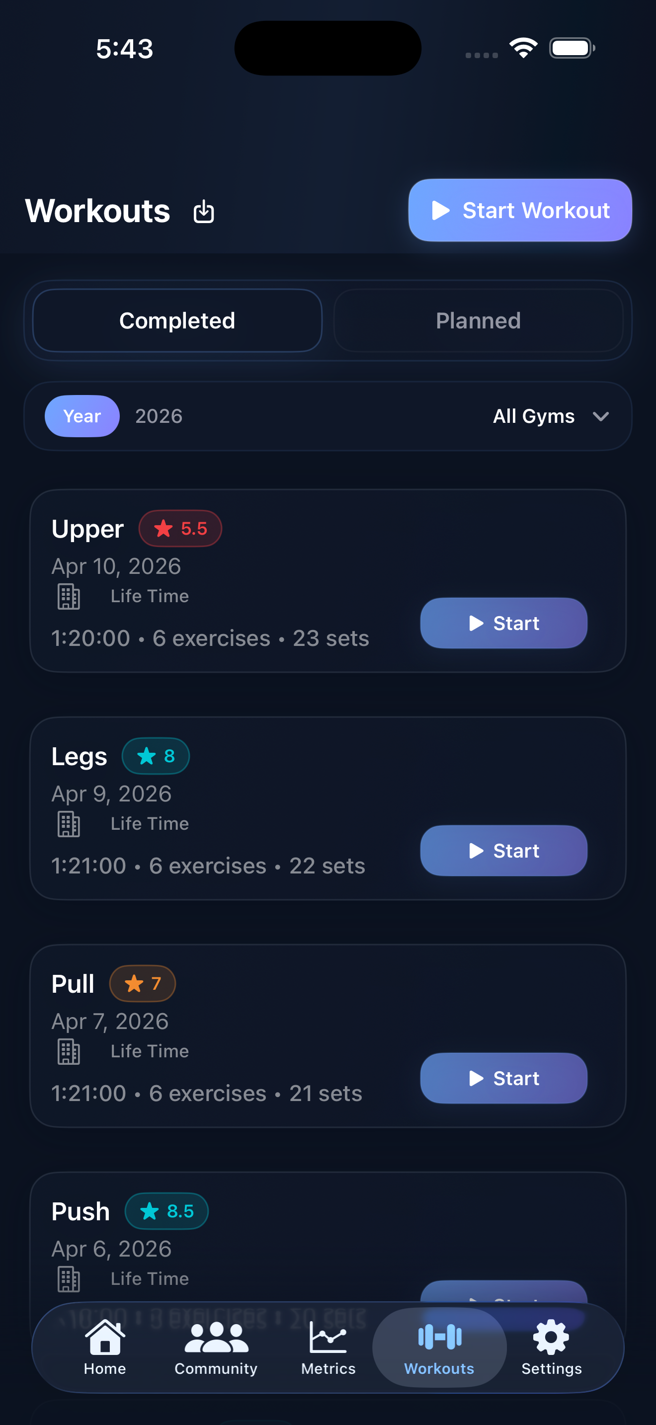 InMotus workout history list