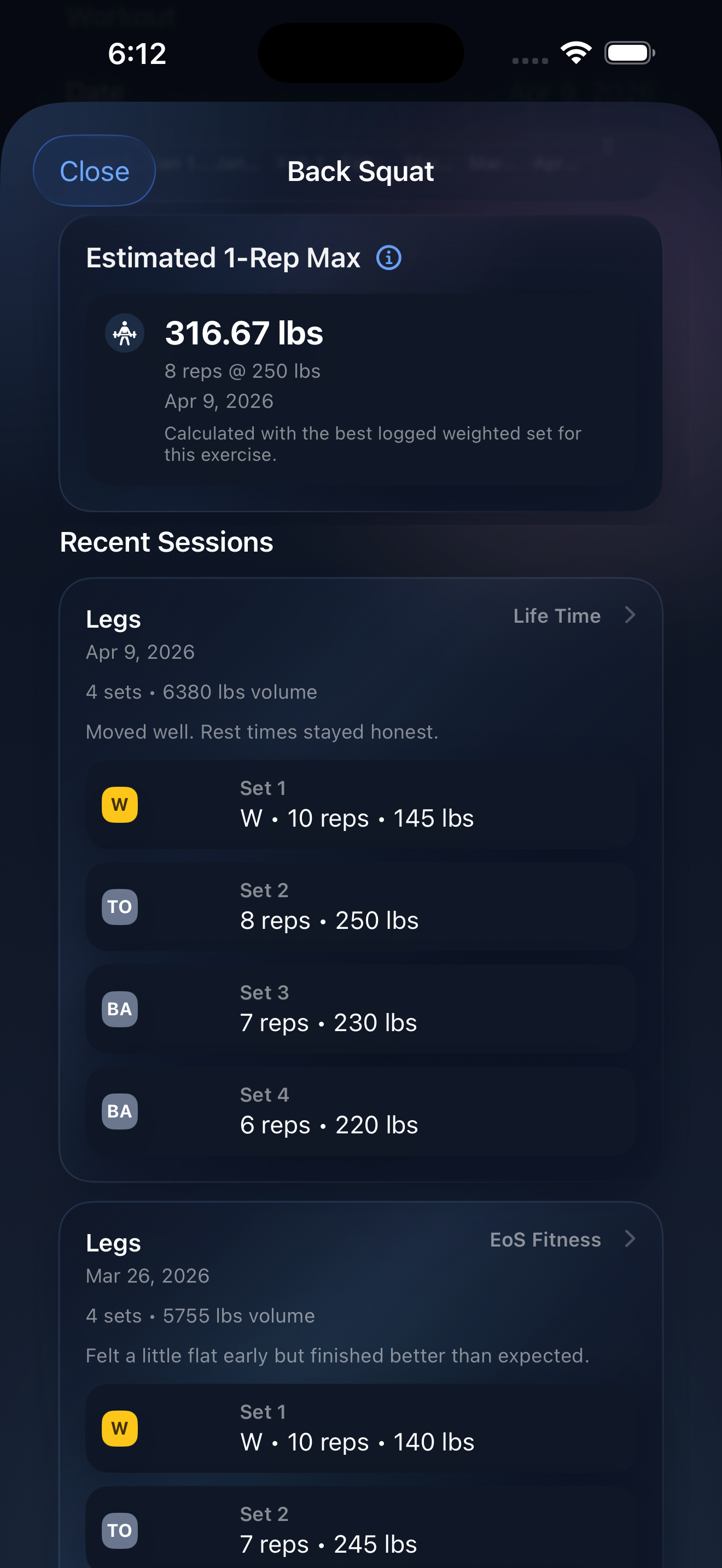 InMotus exercise detail screen showing lift history and performance context