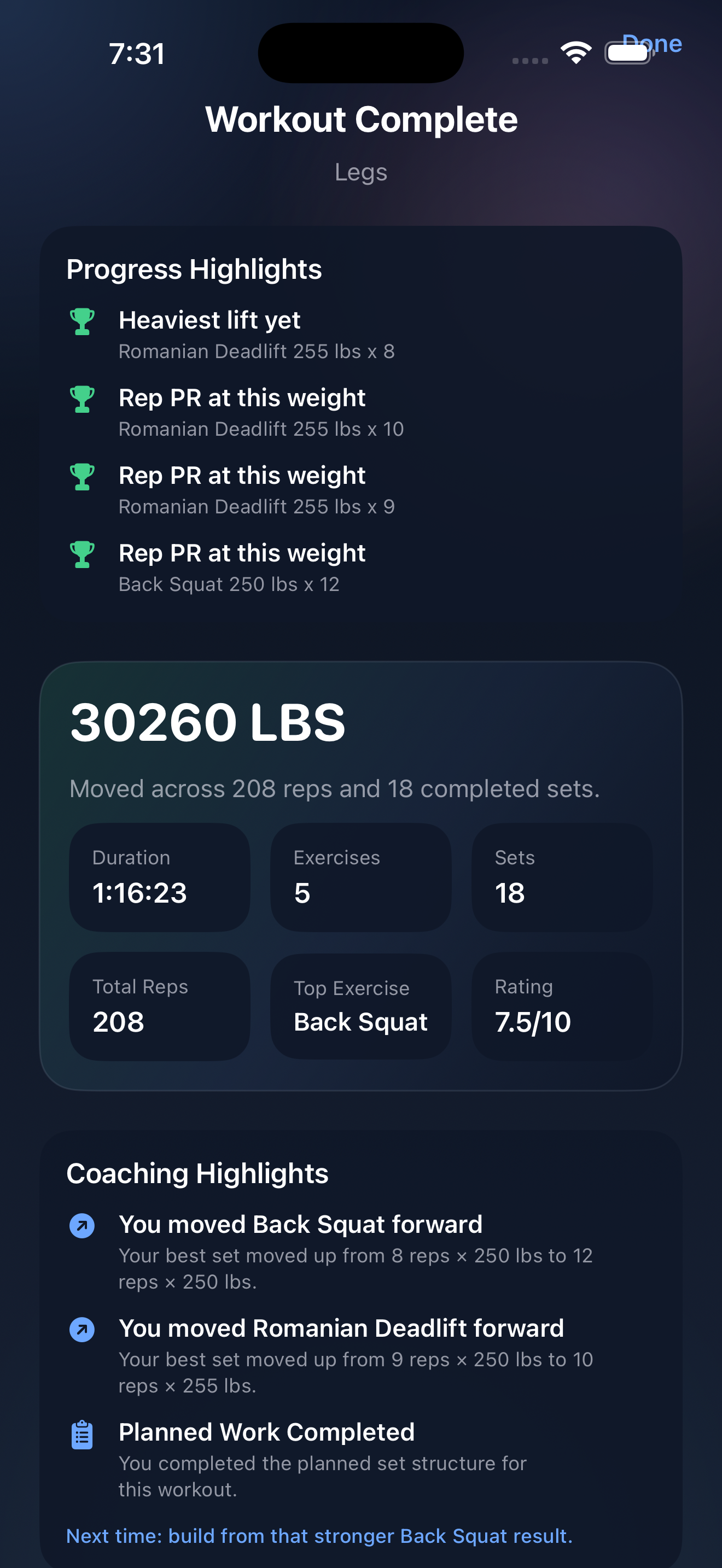 InMotus workout complete screen showing summary and progress highlights