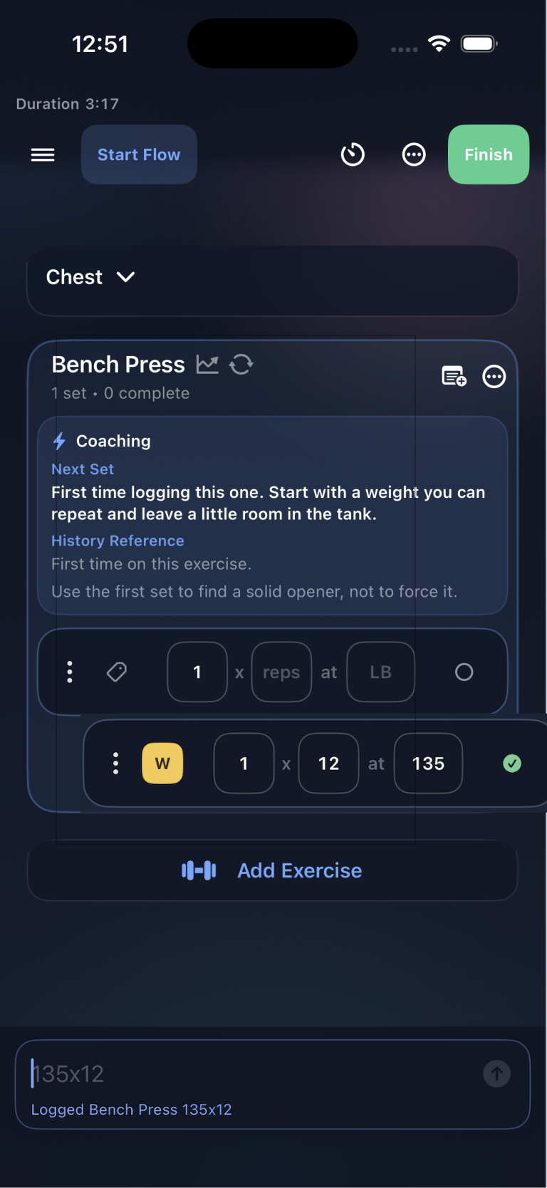 InMotus Quick Capture showing shorthand entry and the logged set result in an active workout